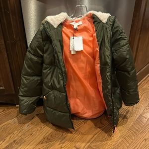 Nordstrom’s Treasure & Bond Green Puffer Jacket with Light Orange Interior